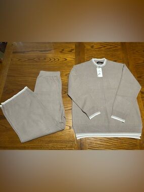 Women's Taupe Knit Lounge Set with White Trim